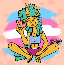 Size: 1076x1096 | Tagged: safe, artist:erynerikard, imported from derpibooru, snails, anthro, unicorn, barefoot, clothes, digital art, feet, female, freckles, looking at you, midriff, peace sign, pride, pride flag, short shirt, sitting, skirt, smiling, smiling at you, solo, trans female, transgender, transgender pride flag, vibing