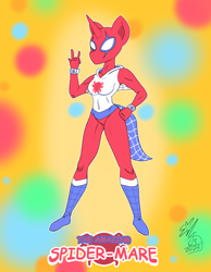 Size: 2100x2700 | Tagged: safe, artist:erynerikard, imported from derpibooru, oc, oc only, oc:dawn twinkle, anthro, unicorn, bodysuit, clothes, digital art, female, hoodie, marvel, solo, solo female, spider-man, spider-mare, superhero costume