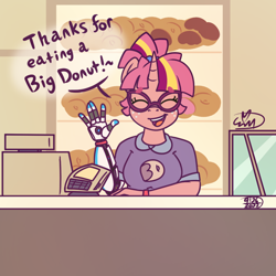 Size: 1000x1000 | Tagged: safe, artist:erynerikard, imported from derpibooru, oc, oc only, oc:dawn twinkle, anthro, unicorn, amputee, cash register, digital art, donut, female, food, freckles, glasses, prosthetic arm, prosthetic limb, prosthetics, solo, solo female, steven universe, talking to viewer, waving, waving at you