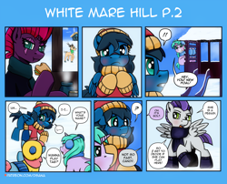 Size: 3508x2834 | Tagged: safe, artist:dsana, imported from derpibooru, fizzlepop berrytwist, tempest shadow, oc, oc:blue candy, oc:bolt thudercloud, oc:lullaby dusk, oc:minty mint, deer, earth pony, pegasus, pony, unicorn, comic:a storm's lullaby, adopted, adopted daughter, clothes, colt, earmuffs, female, filly, foal, male, shawl, slide, snow