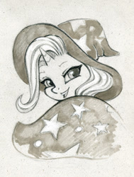 Size: 757x1000 | Tagged: safe, artist:maytee, imported from derpibooru, trixie, pony, unicorn, bust, cape, clothes, hat, monochrome, portrait, smiling, solo, traditional art, trixie's cape, trixie's hat