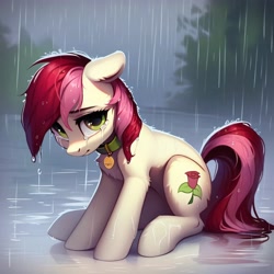 Size: 4096x4096 | Tagged: safe, imported from derpibooru, roseluck, pony, absurd resolution, ai content, ai generated, collar, crying, generator:purplesmart.ai, generator:stable diffusion, homeless, pet tag, pony pet, prompter:doom9454, rain, rosepet, sad, sitting, solo