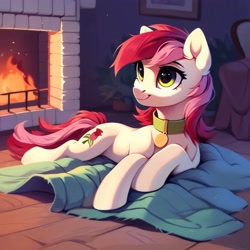 Size: 4096x4096 | Tagged: safe, imported from derpibooru, roseluck, pony, ai content, ai generated, blanket, collar, cute, fireplace, generator:purplesmart.ai, generator:stable diffusion, lying down, pet tag, pony pet, prompter:doom9454, rosepet, solo