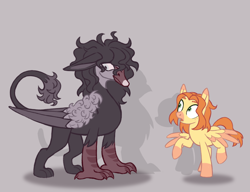 Size: 1300x1000 | Tagged: safe, artist:mr.catfish, imported from derpibooru, oc, oc:jan, oc:michael pegasus, bird, griffon, pegasus, pony, swan, black mane, curly hair, curly tail, duo, ears, floppy ears, gray eyes, green eyes, height difference, male, red mane, reference sheet, simple background, size comparison, tail, yellow coat