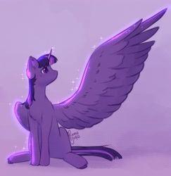 Size: 3845x3952 | Tagged: safe, artist:romajuro, imported from derpibooru, twilight sparkle, alicorn, pony, female, gradient background, high res, large wings, mare, one wing out, signature, solo, turned head, twilight sparkle (alicorn), wings