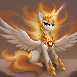 Size: 2048x2048 | Tagged: safe, imported from derpibooru, daybreaker, alicorn, pony, ai content, ai generated, generator:easyfluff v11.2, generator:stable diffusion, glowing, glowing horn, high res, horn, prompter:felixx, royalty, simple background, sitting, smiling, solo, spread wings, wings