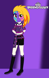 Size: 955x1499 | Tagged: safe, artist:robertsonskywa1, imported from derpibooru, equestria girls, bridlewoodstock, bridlewoodstock (tell your tale), clothes, female, flare (g5), g5, my little pony: tell your tale, outfit, photo, purple background, simple background, solo