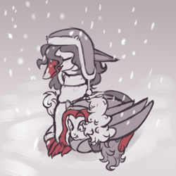 Size: 800x800 | Tagged: safe, artist:mr.catfish, imported from derpibooru, oc, oc:jan, oc:michael pegasus, bird, griffon, pegasus, swan, caption, clothes, duo, floppy ears, folded wings, image macro, red mane, scarf, sitting, smiling, snow, snowfall, snowflake, text, wings
