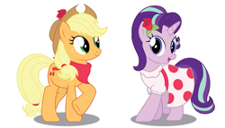 Size: 2709x1547 | Tagged: safe, artist:prixy05, imported from derpibooru, applejack, starlight glimmer, earth pony, pony, unicorn, applejack's hat, bandana, clothes, cowboy hat, dress, duo, duo female, female, flower, hat, mare, rose, simple background, white background