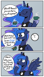 Size: 1706x3004 | Tagged: safe, artist:icey, imported from derpibooru, princess luna, alicorn, pony, clock, coffee, comic, dialogue, espresso, female, heavy breathing, offscreen character, solo focus