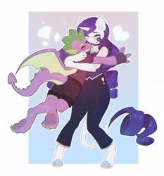 Size: 2453x2635 | Tagged: safe, artist:peachmayflower, imported from derpibooru, rarity, spike, anthro, dragon, unguligrade anthro, unicorn, clothes, duo, duo male and female, eyes closed, female, fingerless gloves, glasses, gloves, high res, hug, leonine tail, male, passepartout, shipping, sparity, straight, tail, tongue out
