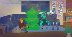 Size: 2447x1265 | Tagged: safe, artist:destiny_manticor, imported from derpibooru, oc, oc only, oc:beray geromes, oc:flumine carcad, oc:nei zin, android, anthro, bear, pony, robot, unicorn, amputee, christmas, christmas lights, christmas tree, clothes, digital art, female, fireplace, fluffy hair, holiday, looking at someone, magic, male, prosthesis, prosthetic limb, prosthetics, robotic arm, tree