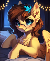 Size: 2304x2816 | Tagged: prompter needed, safe, derpibooru exclusive, imported from derpibooru, oc, oc only, oc:yuris, pegasus, pony, ai content, ai generated, bed, bedroom, ears up, female, garland, glasses, high res, lies, night, smiling, solo, window