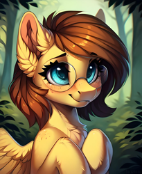 Size: 2304x2816 | Tagged: prompter needed, safe, derpibooru exclusive, imported from derpibooru, oc, oc only, oc:yuris, pegasus, pony, ai content, ai generated, bust, ears up, female, forest, glasses, high res, lies, nature, portrait, smiling, solo, tree