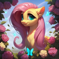 Size: 1024x1024 | Tagged: safe, imported from derpibooru, fluttershy, butterfly, pegasus, pony, ai content, ai generated, female, flower, generator:pony diffusion v6 xl, generator:purplesmart.ai, generator:stable diffusion, happy, mare, outdoors, prompter:lunarbeat2, rose, smiling, solo, solo female