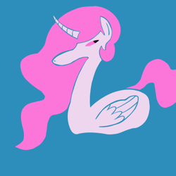 Size: 1024x1024 | Tagged: safe, imported from derpibooru, princess celestia, alicorn, pony, curved horn, female, horn, long neck, looking back, mare, pink-mane celestia, solo, squint, swanlestia, water