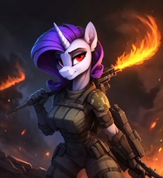 Size: 704x768 | Tagged: safe, imported from ponybooru, rarity, anthro, unicorn, series:legion, ai content, ai generated, fantasy, fire, prompter:hellfire, science fiction, war, weapon