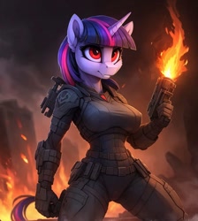 Size: 896x1000 | Tagged: safe, imported from ponybooru, twilight sparkle, anthro, unicorn, series:legion, ai content, ai generated, fantasy, fire, prompter:hellfire, science fiction, war, weapon