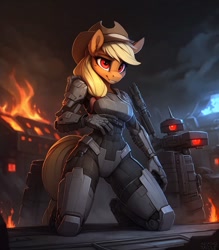 Size: 896x1024 | Tagged: safe, imported from ponybooru, applejack, anthro, cyborg, earth pony, series:legion, ai content, ai generated, fantasy, fire, prompter:hellfire, science fiction, war, weapon