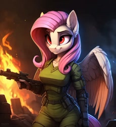 Size: 704x768 | Tagged: safe, imported from ponybooru, fluttershy, anthro, pegasus, series:legion, ai content, ai generated, fantasy, fire, prompter:hellfire, science fiction, war, weapon