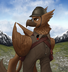 Size: 2384x2503 | Tagged: safe, artist:kleowolfy, imported from derpibooru, oc, oc:gunnar sabel-karlsson, griffon, equestria at war mod, clothes, full body, glasses, griffon oc, helmet, mountain, solo, uniform