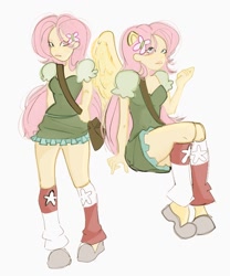 Size: 852x1024 | Tagged: safe, artist:mr_chett0s, imported from derpibooru, fluttershy, human, arm behind back, bag, clothes, dress, eared humanization, humanized, leg warmers, looking at you, messenger bag, pony coloring, simple background, sitting, solo, white background, winged humanization, wings