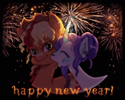 Size: 1800x1440 | Tagged: safe, artist:ivydapple, imported from derpibooru, applejack, rarity, earth pony, pony, unicorn, alternate hairstyle, bust, cheek kiss, female, fireworks, hair bun, happy new year, happy new year 2024, holiday, kissing, lesbian, mare, rarijack, shipping, text