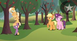 Size: 5689x3049 | Tagged: safe, artist:pastelnightyt, imported from derpibooru, applejack, little mac, sugar belle, oc, oc:apple pie (pastelnightyt), oc:apple slice, earth pony, pony, unicorn, colt, female, filly, foal, male, mare, offspring, older, parent:applejack, parent:flim, parents:flimjack