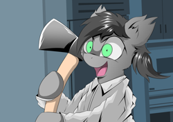 Size: 1700x1200 | Tagged: safe, artist:hovawant, imported from derpibooru, oc, oc only, oc:hovawant, bat pony, pony, american psycho, axe, bipedal, hoof hold, insanity, movie reference, open mouth, open smile, patrick bateman, raincoat, smiling, solo, this will end in death, weapon