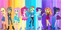 Size: 995x498 | Tagged: safe, artist:mlpfan3991, imported from derpibooru, applejack, fluttershy, pinkie pie, rainbow dash, rarity, sci-twi, sunset shimmer, twilight sparkle, oc, oc:flare spark, human, equestria girls, clothes, female, humane five, humane seven, humane six, rainbow background, the rainbooms