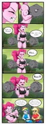 Size: 1908x5175 | Tagged: safe, artist:ameliacostanza, imported from derpibooru, applejack, pinkie pie, rainbow dash, human, equestria girls, 4 panel comic, abs, applejacked, barbell, belly button, comic, dialogue, exercise, eyes closed, female, fence, flexing, grin, gritted teeth, muscle growth, muscles, open mouth, open smile, pinkie pump, rainbuff dash, rock, smiling, sweat, teeth, weight lifting, weights, workout