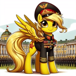 Size: 4096x4096 | Tagged: safe, derpibooru exclusive, imported from derpibooru, oc, unnamed oc, human, pegasus, pony, absurd resolution, ai content, ai generated, clothes, generator:bing image creator, medal, military, military uniform, palace, prompter:dhayi, soldier, soviet, uniform, yellow eyes, yellow mane