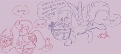 Size: 4096x1850 | Tagged: safe, artist:arxielle, imported from derpibooru, angel bunny, derpy hooves, fluttershy, bird, pegasus, pony, rabbit, squirrel, animal, apple, basket, bouquet, delivery, delivery pony, dialogue, female, flower, food, implied big macintosh, implied fluttermac, implied shipping, implied straight, letter, lying down, male, mare, mouth hold, prone, sketch, speech bubble, trio