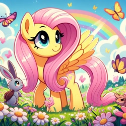 Size: 1024x1024 | Tagged: safe, imported from derpibooru, fluttershy, butterfly, pegasus, rabbit, ai content, ai generated, animal, female, flower, nature, outdoors, prompter:meshari7, rainbow, solo