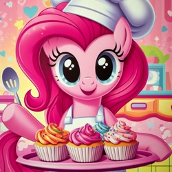 Size: 1024x1024 | Tagged: safe, imported from derpibooru, pinkie pie, earth pony, pony, ai content, ai generated, bakery, chef's hat, cupcake, female, food, hat, looking at you, prompter:meshari7, smiling, solo, spoon