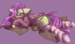 Size: 2708x1580 | Tagged: safe, artist:julielist, imported from derpibooru, fluttershy, pegasus, pony, butt, clothes, female, floppy ears, flutterbutt, hair over one eye, lying down, mare, plot, prone, purple background, simple background, socks, solo, striped socks, sweater, sweatershy