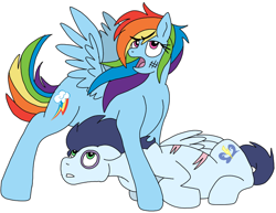 Size: 932x720 | Tagged: safe, artist:dasher666, artist:pimpartist101, edit, imported from derpibooru, rainbow dash, soarin', pegasus, pony, female, injured, male, protecting, shipping, soarindash, straight