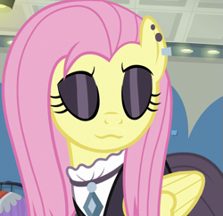 Size: 745x720 | Tagged: safe, edit, edited screencap, editor:twilyisbestpone, imported from derpibooru, screencap, fluttershy, pegasus, pony, fake it 'til you make it, season 8, spoiler:s08, :3, cropped, ear piercing, earring, eyes closed, eyeshadow, female, fluttergoth, inverted mouth, jewelry, makeup, mare, piercing, smiling