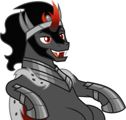 Size: 8282x7839 | Tagged: safe, artist:starryshineviolet, imported from derpibooru, king sombra, pony, unicorn, the beginning of the end, armor, cape, clothes, colored horn, crown, curved horn, disembodied horn, horn, jewelry, lounging, male, open mouth, red eyes, regalia, sharp teeth, sitting, solo, sombra horn, sombra's cape, sombra's horn, sombra's robe, stallion, teeth