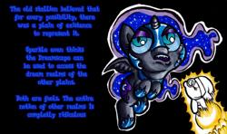 Size: 1280x758 | Tagged: safe, artist:darkone10, artist:legaspingman, imported from derpibooru, nightmare moon, oc, oc:nyx, alicorn, pony, alicorn oc, black background, cute, dream orb, dream orbs, dream realm, dream walker, dreamscape, duo, duo female, female, filly, floating, foal, horn, implied self ponidox, incoming, incoming self ponidox, nightmare woon, nyxabetes, ocbetes, self paradox, self ponidox, simple background, text, the fun has been doubled, tumblr:asktwilyandwoon, wings