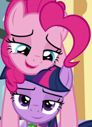 Size: 418x573 | Tagged: safe, edit, edited screencap, editor:twilyisbestpone, imported from derpibooru, screencap, pinkie pie, twilight sparkle, alicorn, earth pony, pony, cakes for the memories, spoiler:cakes for the memories, spoiler:mlp friendship is forever, cropped, duo, duo female, female, inverted mouth, lidded eyes, looking at you, lying down, lying on top of someone, mare, pinkie being pinkie, smiling, sugarcube corner, twilight sparkle (alicorn)