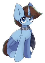 Size: 1875x2600 | Tagged: safe, artist:miryelis, imported from derpibooru, oc, oc only, oc:sharfik, alicorn, pony, derpibooru community collaboration, 2024 community collab, big ears, clothes, scarf, simple background, sitting, smiling, solo, transparent background, wings