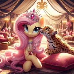 Size: 1024x1024 | Tagged: prompter needed, safe, ai generated, imported from derpibooru, fluttershy, big cat, jaguar (animal), pegasus, pony, ai content, chair, chandelier, cute, female, gem, generator:dall-e 3, indoors, jewelry, lying down, mare, necklace, nuzzling, pearl necklace, pet, pillow, shyabetes, smiling, solo, table, tiara