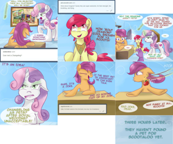 Size: 3844x3216 | Tagged: safe, artist:redheadfly, imported from derpibooru, apple bloom, scootaloo, spike, sweetie belle, pony, apple, cutie mark crusaders, food, grammar error, older, tumblr:ask-adultscootaloo