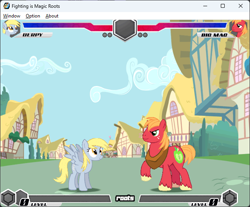 Size: 642x532 | Tagged: safe, artist:fimroots, imported from derpibooru, big macintosh, derpy hooves, earth pony, pegasus, fighting is magic, food, game screencap, houses, muffin, ponyville, squint