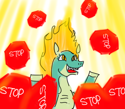 Size: 3200x2800 | Tagged: safe, artist:horsesplease, imported from derpibooru, them's fightin' herds, community related, happy, not salmon, stop sign, tianhuo (tfh), tianhuo and a road sign, wat