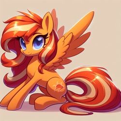 Size: 1024x1024 | Tagged: safe, imported from derpibooru, oc, oc only, pegasus, ai content, ai generated, female, generator:bing image creator, mare, orange coat, pegasus oc, prompter:bing ai, sitting, smiling, solo, spread wings, wings