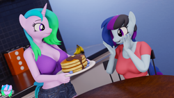 Size: 3840x2160 | Tagged: safe, artist:pootanger_sfm, imported from derpibooru, oc, oc:fiona mahri, oc:maple cake, anthro, earth pony, unicorn, 3d, blender, duo, earth pony oc, female, food, gradient mane, happy, horn, kitchen, not sfm, pancakes, smiling, unicorn oc