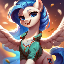 Size: 1024x1024 | Tagged: safe, imported from derpibooru, oc, oc:white lily, pegasus, pony, abstract background, ai content, ai generated, clothes, cute, ear fluff, generator:purplesmart.ai, generator:stable diffusion, half body, happy, pegasus oc, prompt in description, spread wings, wings