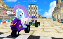 Size: 1920x1200 | Tagged: safe, artist:puzzlshield2, imported from derpibooru, trixie, pony, 3d, cape, clothes, crossover, hat, mario kart, meme, mmd, racing, sitting, smg4, super mario bros., trixie's cape, trixie's hat